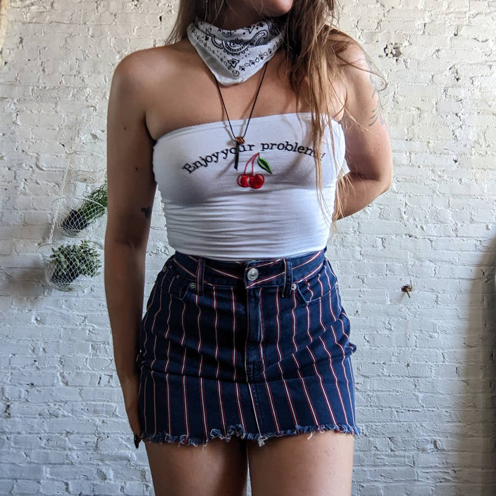 Y2K Distressed High Rise Denim Classic Dark Academia Striped Jean Mini Skirt - Picture 3 of 5